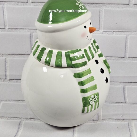 Snowman Cookie Jar Green and White w/Snowflake Scarf With Rubber Stopper 11"X6W. - Picture 4 of 13